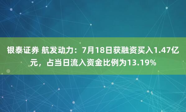 银泰证券 航发动力：7月18日获融资买入1.47亿元，占当日流入资金比例为13.19%